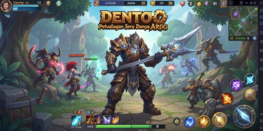 Tangkapan layar gameplay DENTOTO menunjukkan pertarungan seru dan suasana dunia fantasi.