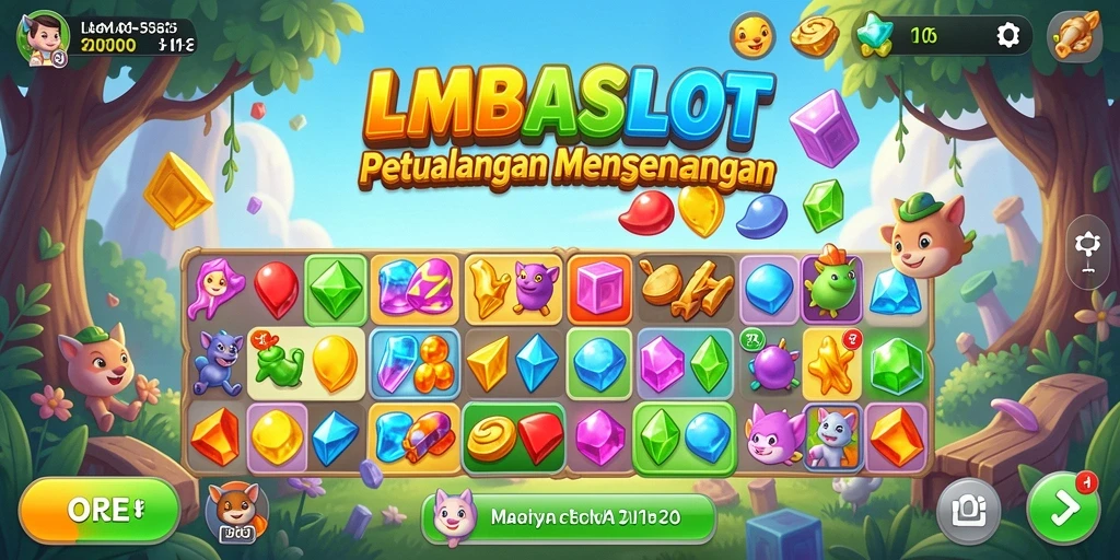 Tampilan permainan LMBASLOT yang cerah dengan elemen match-3 yang dinamis.