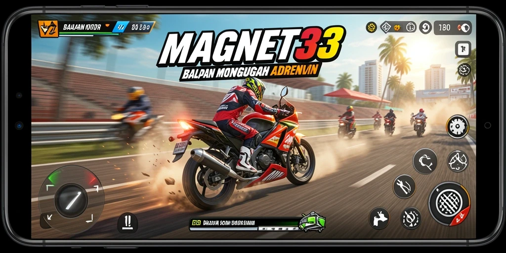 Tampilan gameplay mendebarkan di MAGNET33 dengan aksi balapan motor yang intens.