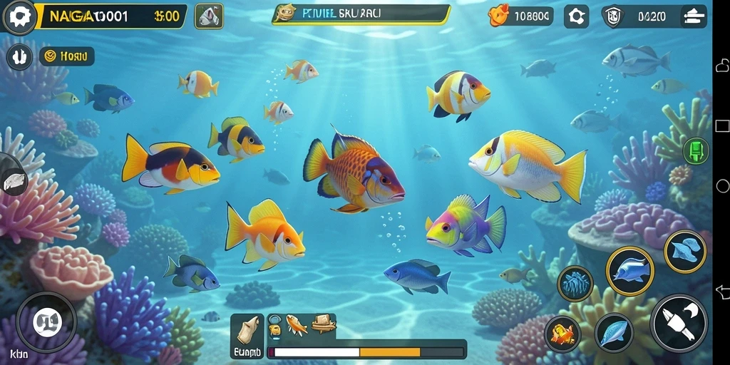 Screenshot menampilkan gameplay seru di NAGA1001 dengan berbagai ikan dan senjata.